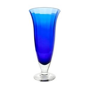 Contemporary Large Optic Footed Trumpet Flared Cobalt Blue Glass Vase 11”